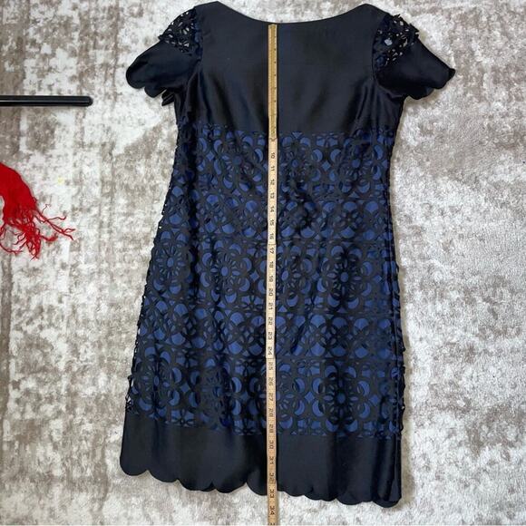 Muse Black Blue Laser Cut Eyelet Dress Size 6 black and navy blue sheath dress - Picture 10 of 16